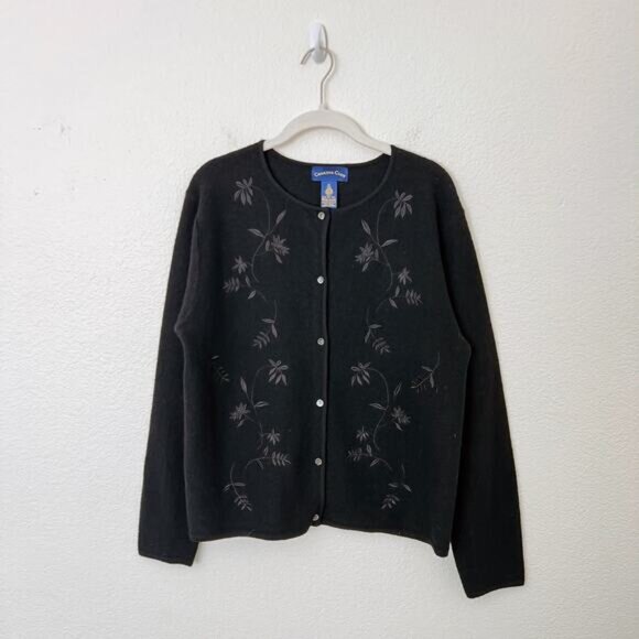 [Vintage] Charter Club Black 100% Wool Cardigan Floral Embroidered Size Medium M - Picture 1 of 10